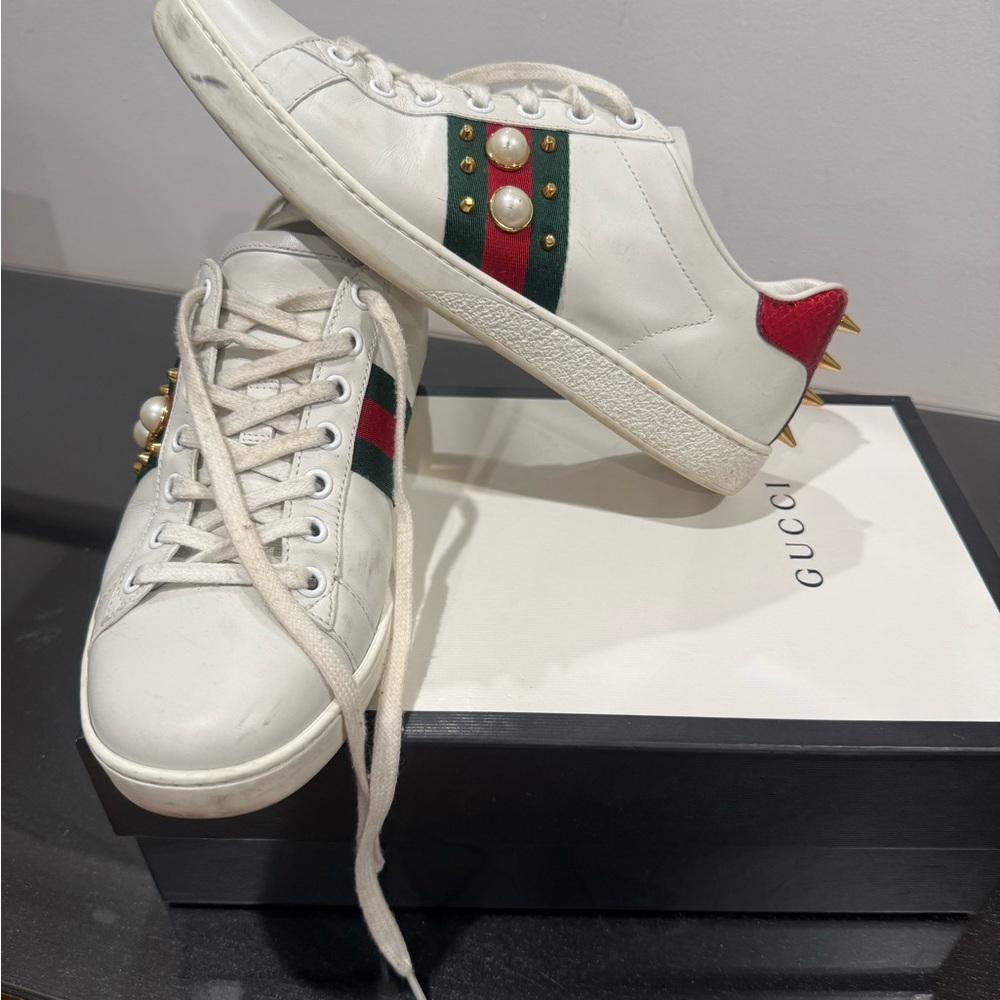 Gucci Women's White Sneakers with Red, Green, and Gold Spikes/Pearls